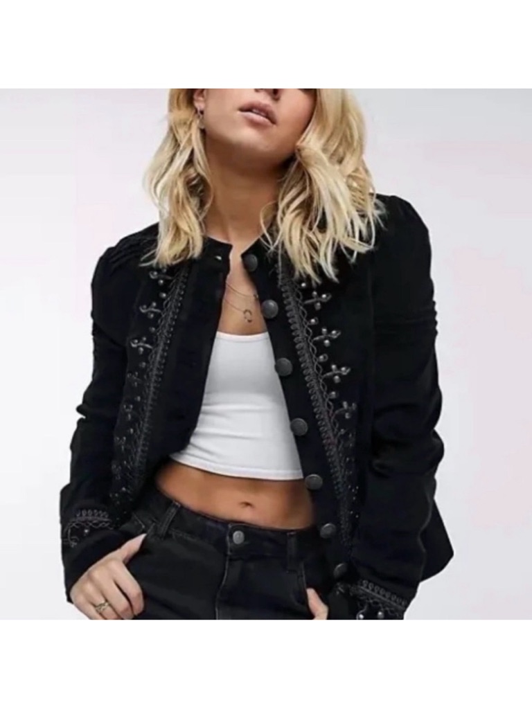 Free People Maven Embroidered Black Velvet Jacket Button Front Sz M